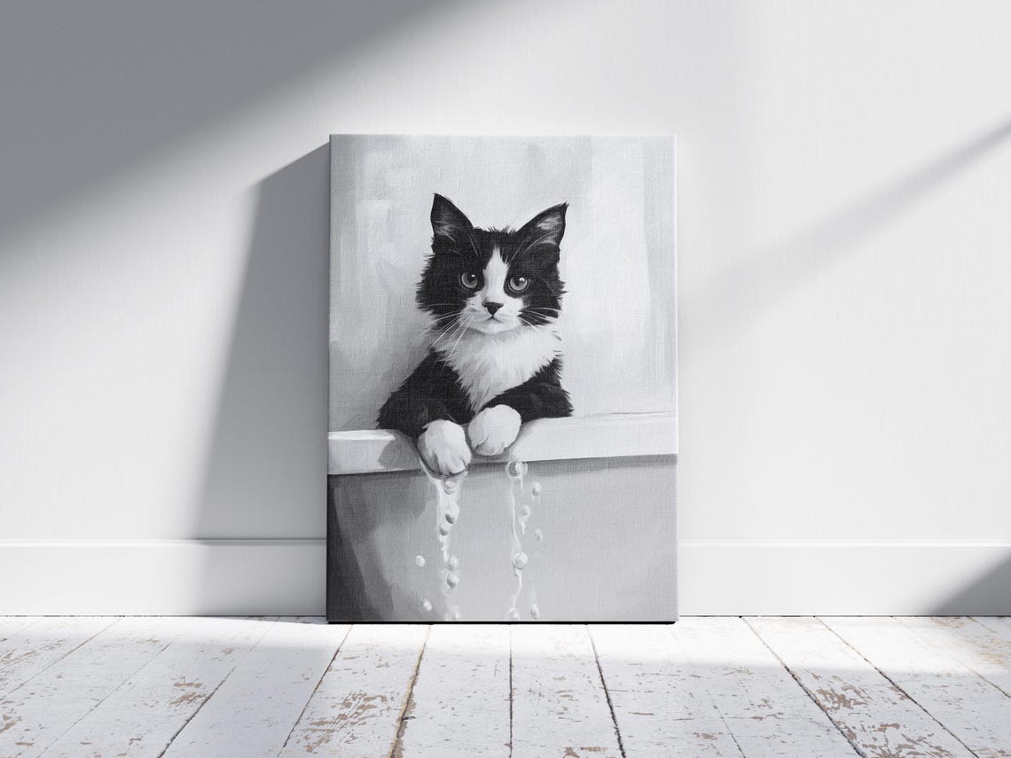 British Shorthair Cat In Bathtub Black and White Funny Poster - Image 2