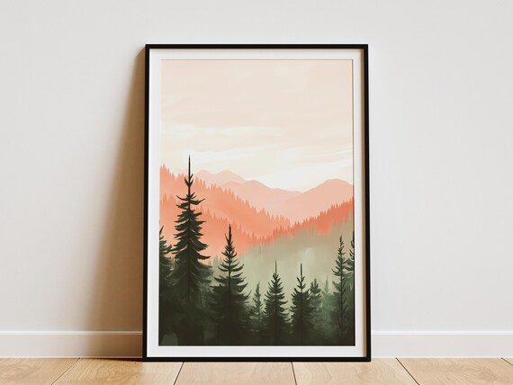 Mountain Forest Poster Peach Sunset Landscape Print Minimalist Nature Wall Art Modern Pine Tree Artwork Calm Forest Scene Home Decor
