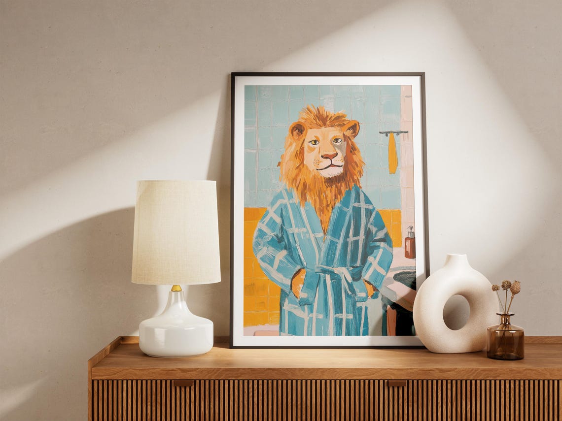 Majestic Lion In Blue Plaid Bathrobe Regal Animal Bathroom Poster - Image 5