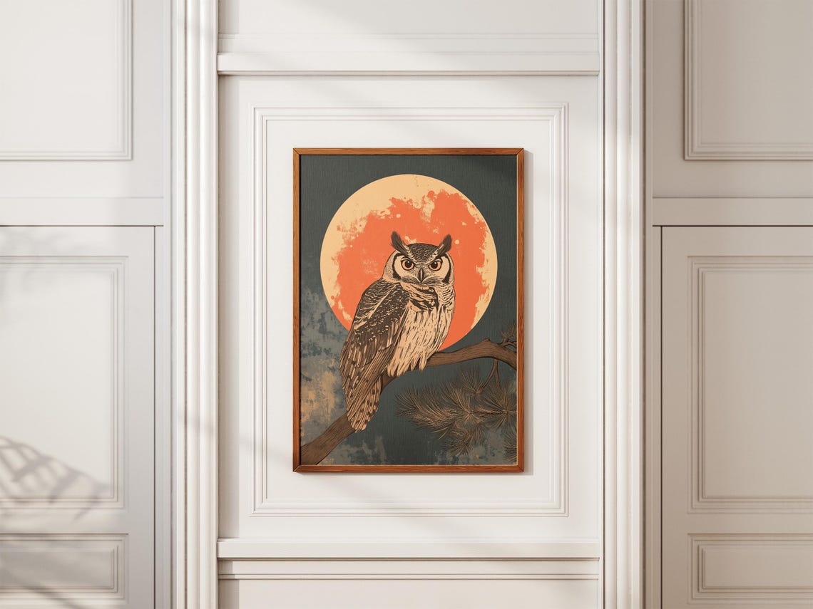 Owl Perched on a Pine Branch Beneath Large Orange Moon Poster - Image 2