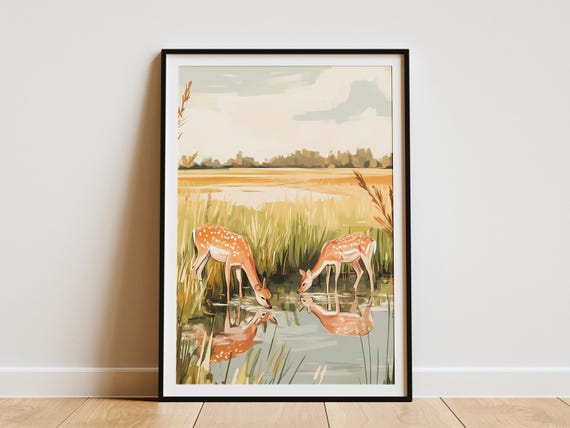 Meadow Deer Poster Print Calm Nature Wall Art Lakeside Animal Painting Modern Farm Decor Rustic Home Peaceful Countryside Scene