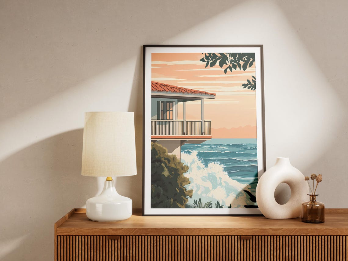 Oceanfront Villa with Balcony Sunset Waves Mediterranean Wall Art - Image 4