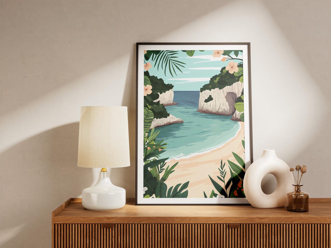 Tropical Beach Cove Between Limestone Cliffs Flower Border Poster - Image 5
