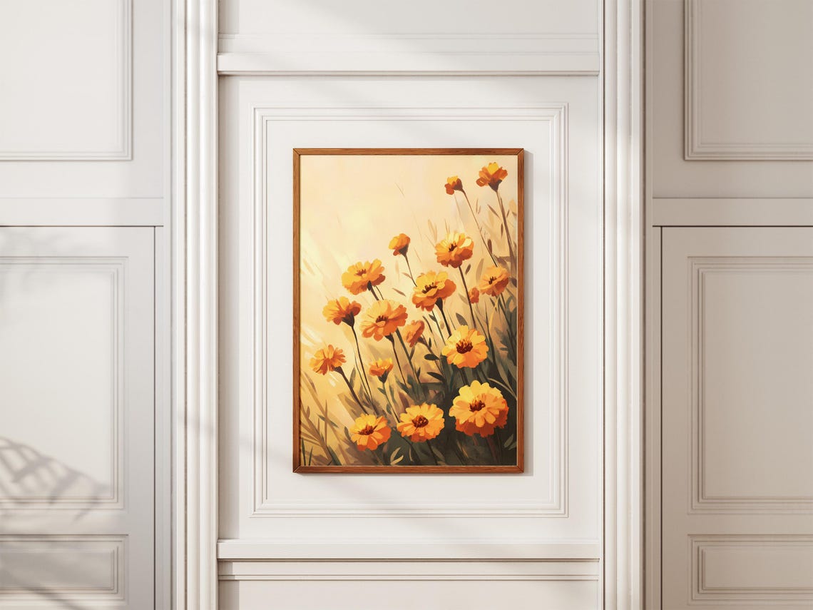 Golden Orange Marigold Flowers Poster in a Warm Backlit Meadow - Image 2