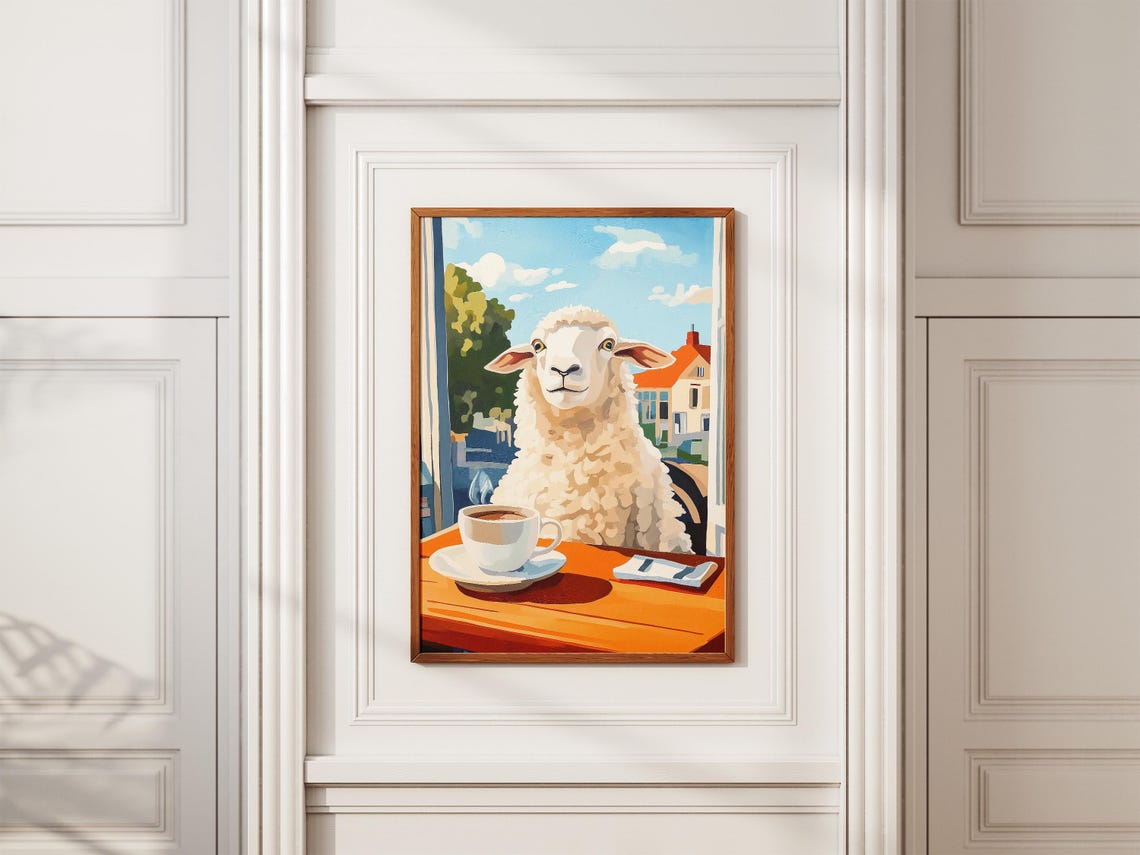 Woolly Sheep Enjoying Coffee At An Orange Cafe Table Scene Poster - Image 2