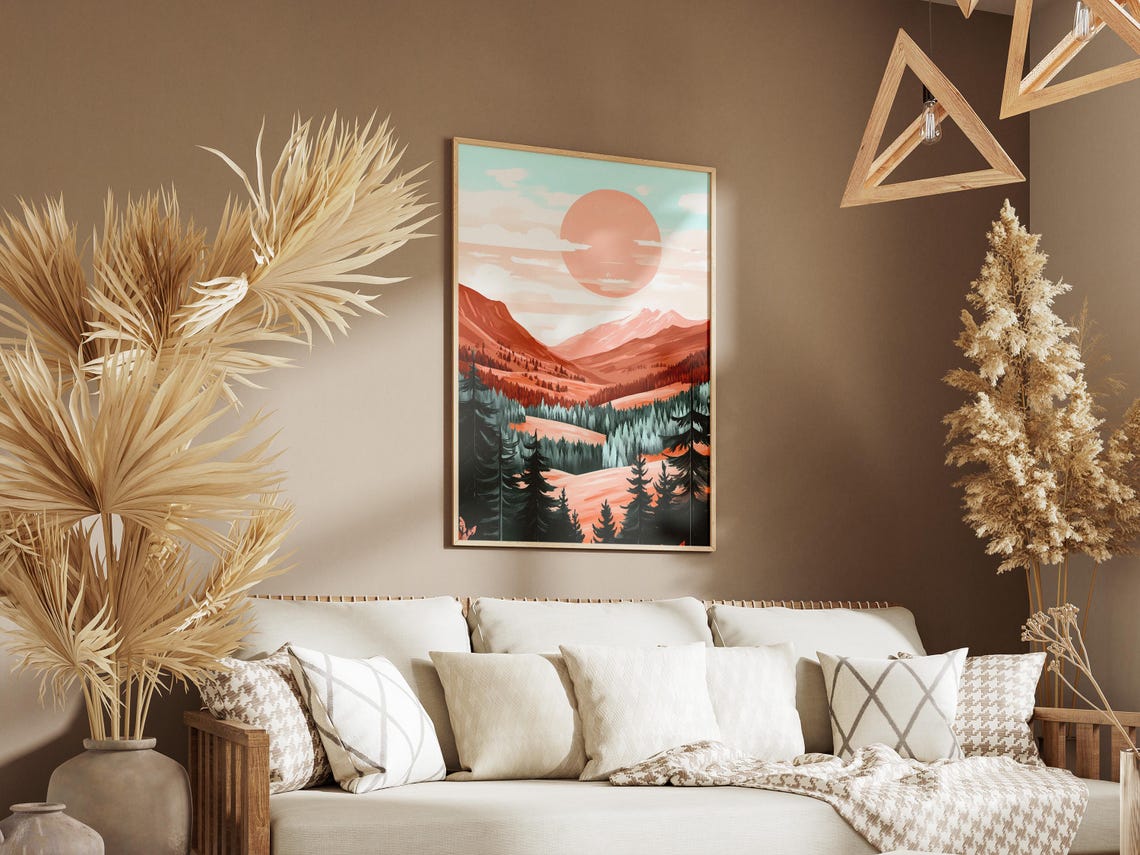 Peach Sunset Over Terracotta Mountain Valley Pine Forest Poster - Image 3
