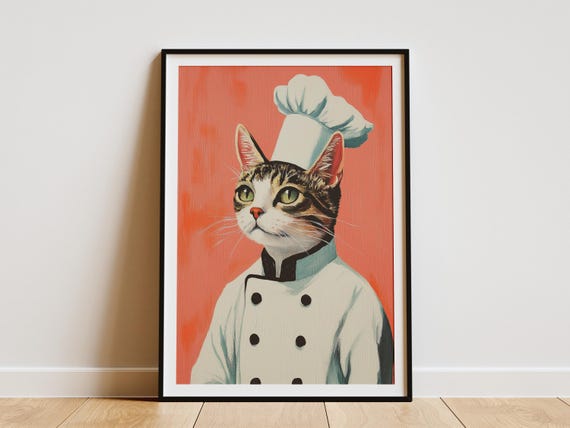 Cat Chef Art Print Domestic Shorthair Poster Kitchen Decor Funny Portrait Animal Whimsical Lover Gift