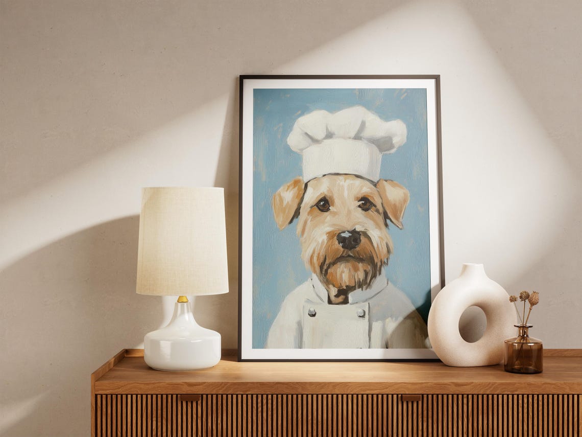 Scruffy Terrier Chef Dog In White Hat On Soft Light Blue Poster - Image 4