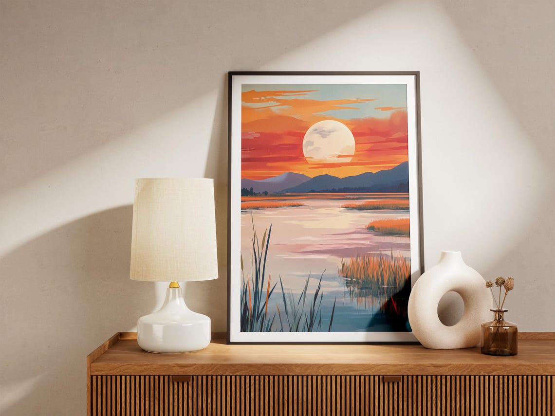 Big Bright Moonrise Over Reeds Water Mountain Lake Scene Poster - Image 5