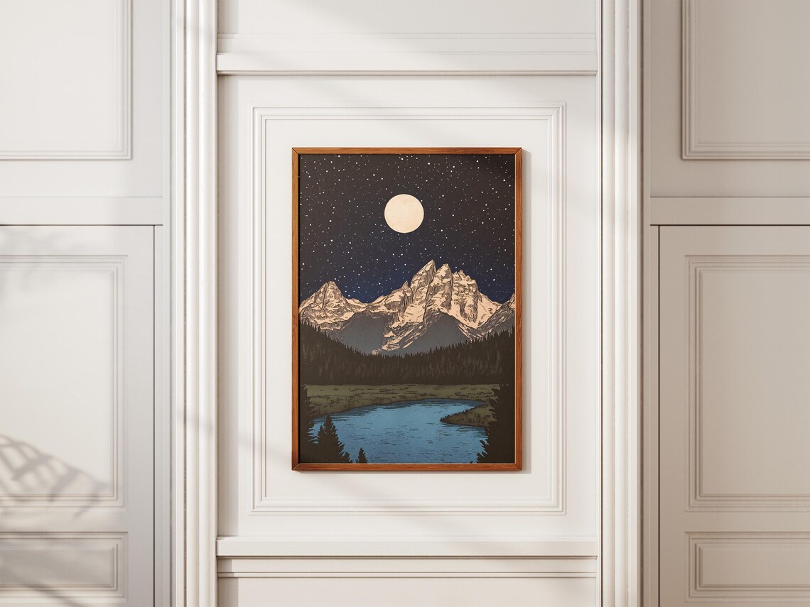 Grand Teton National Park Moonlit Peaks Over a River Night Art Poster - Image 2
