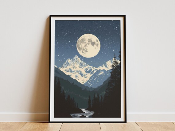 North Cascades National Park Moonlit Snow Peak Over a River Night Poster