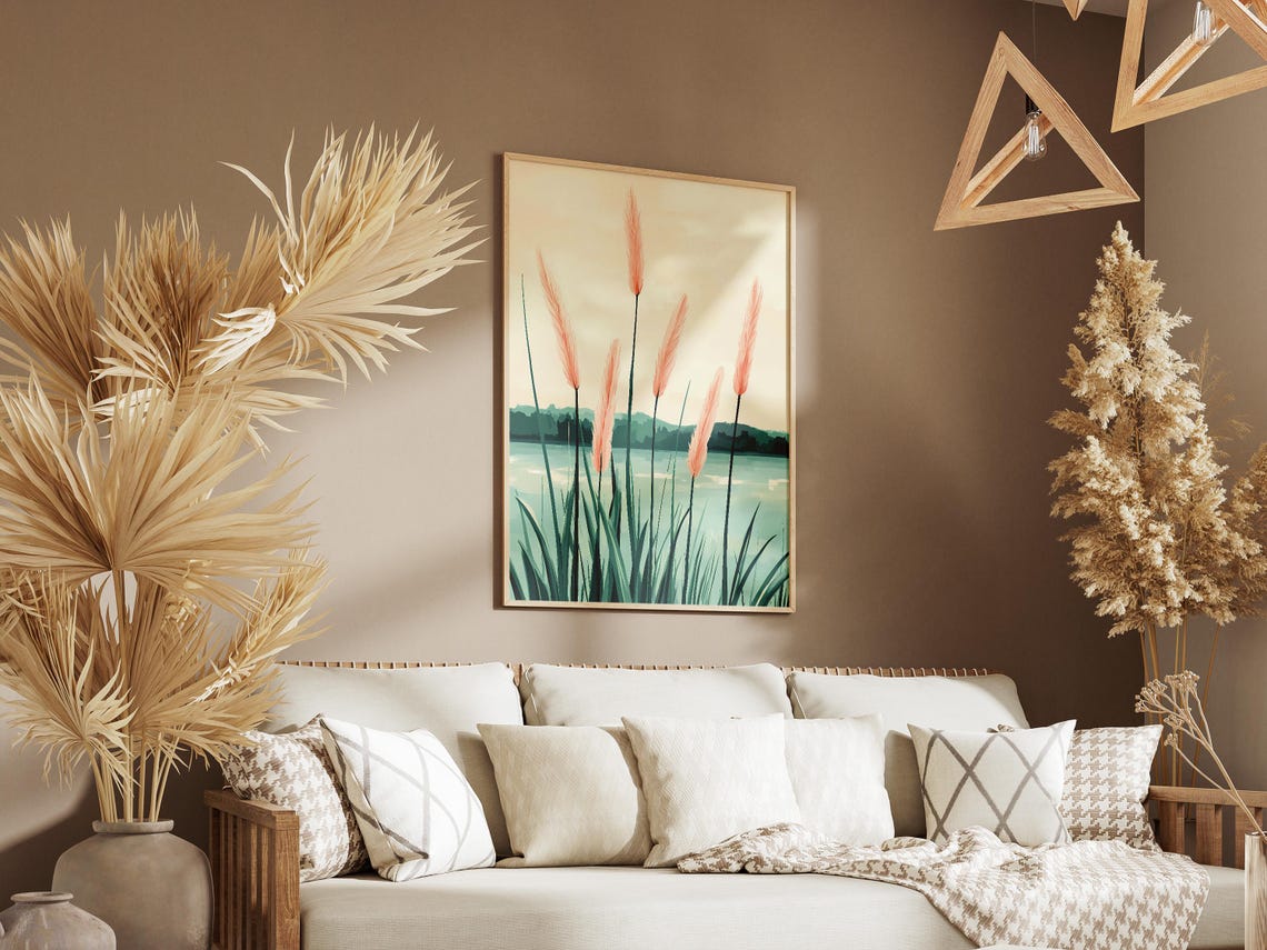 Tall Pink Pampas Grass Swaying Over a Still Lakeside Morning Poster - Image 3