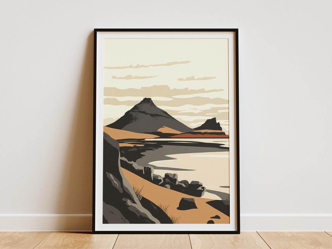 Black Sand Volcanic Coast With A Dark Peak Minimalist Art Poster