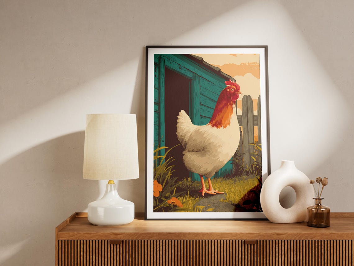 Vintage Chicken Farm Animal Art Print Rooster Hen Barnyard Travel Poster Style Wall Decor Rural Countryside Sunrise Morning Farmhouse Gift - Image 4