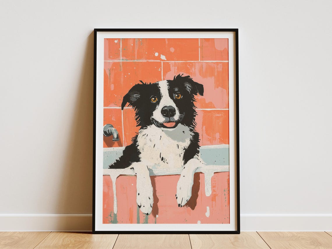 Border Collie Bubble Bath Orange Tiles Happy Dog Bathroom Poster