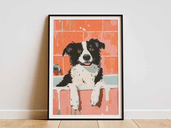 Border Collie Dog Art Print Bathroom Wall Decor Lover Gift Pet Portrait Poster Funny Animal Canine In Tub