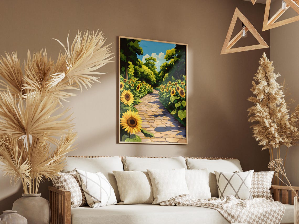 Sunflower Path Cobblestone Garden Summer Illustration Poster - Image 3