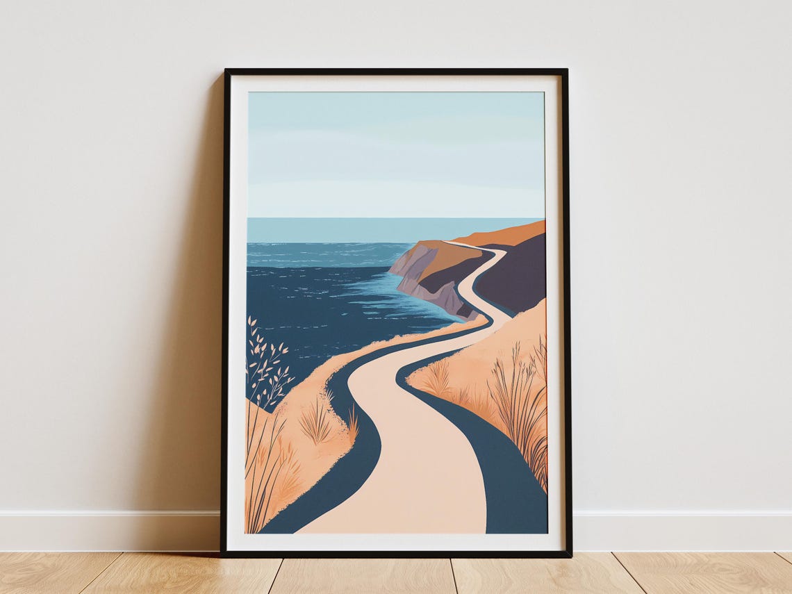 Winding Cliff Road Above a Deep Dark Navy Blue Ocean Sea Poster