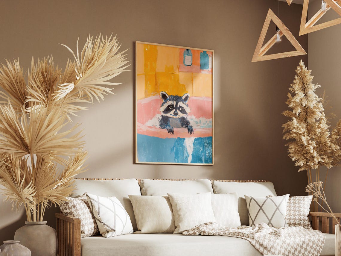 Cute Raccoon In Pink Bubble Bath Sunny Yellow Tile Bathroom Poster - Image 3