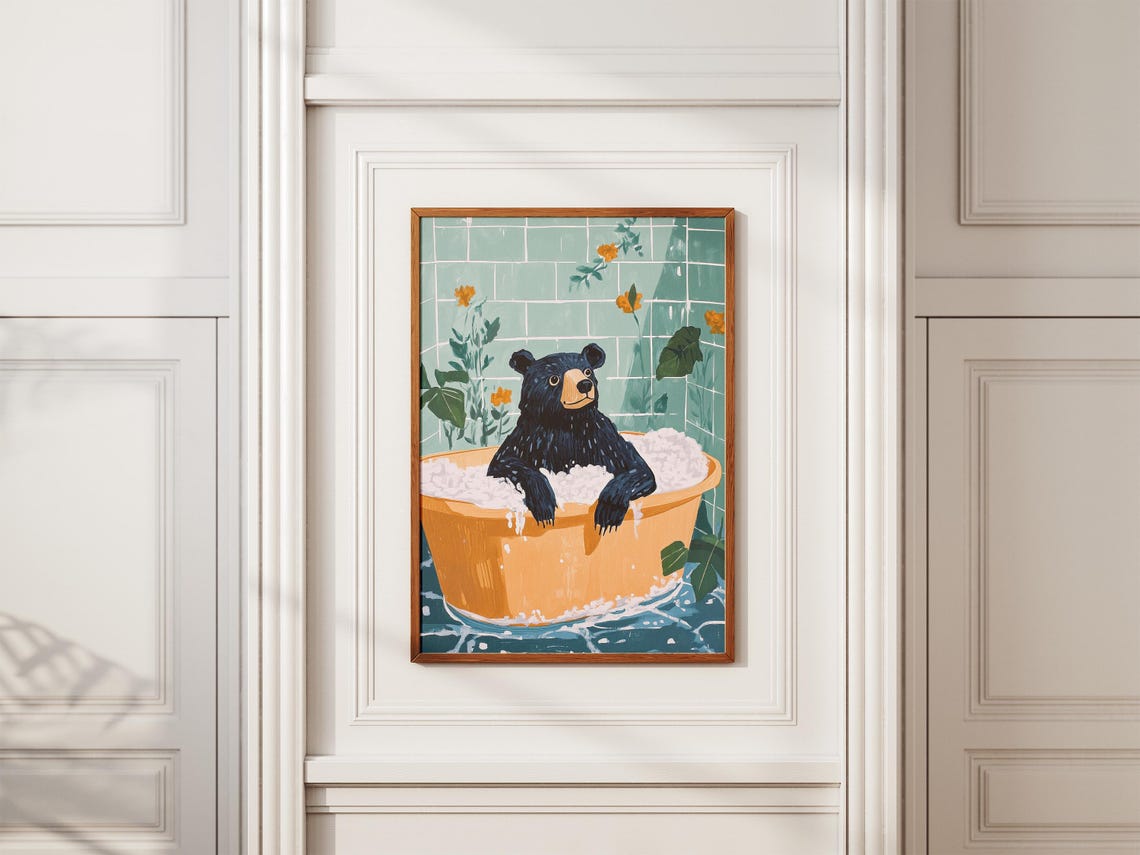 Smiling Black Bear Relaxing in a Foamy Orange Bathtub Poster - Image 2