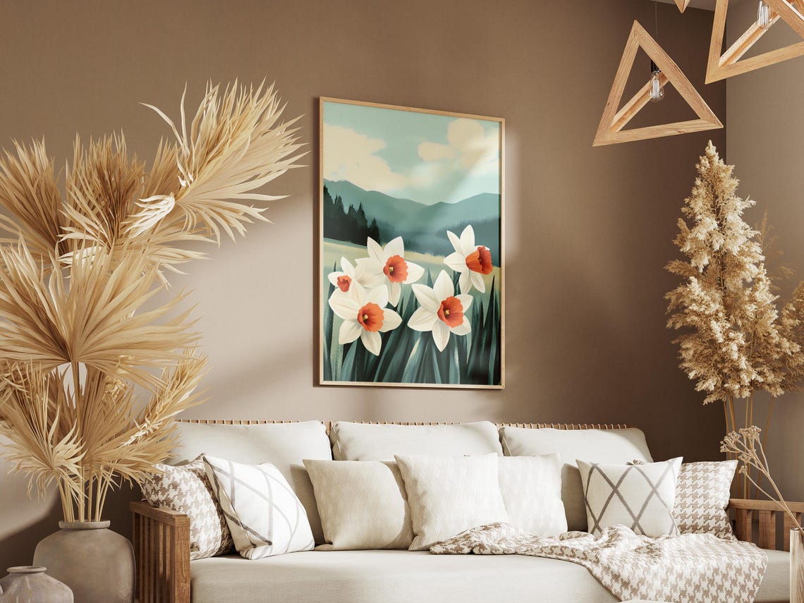 White Daffodils With Orange Cups In Green Valley Landscape Poster - Image 3