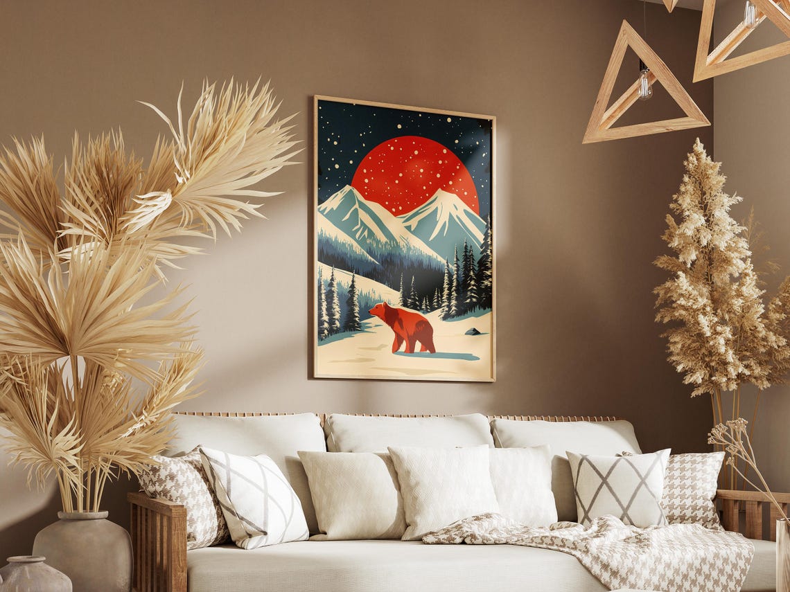 Katmai Red Bear Walking in Snow Under a Giant Red Sun Poster - Image 3