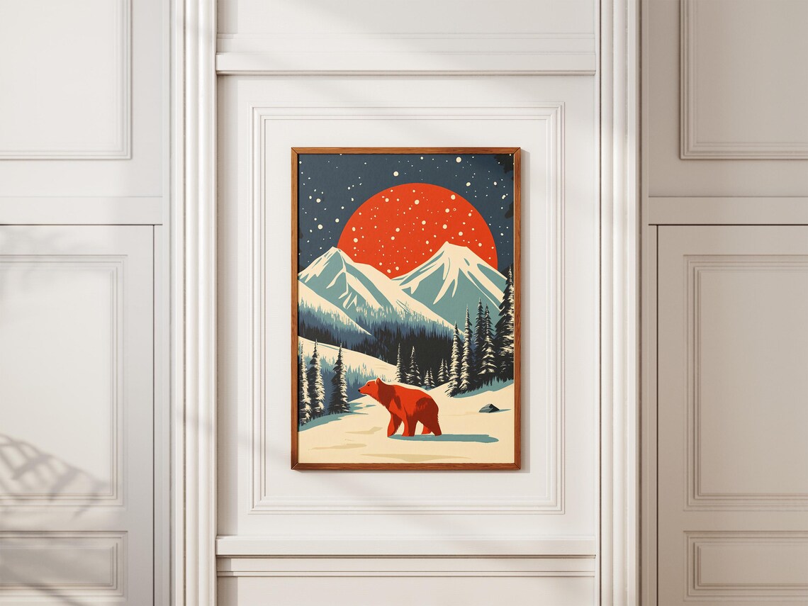 Katmai Red Bear Walking in Snow Under a Giant Red Sun Poster - Image 2