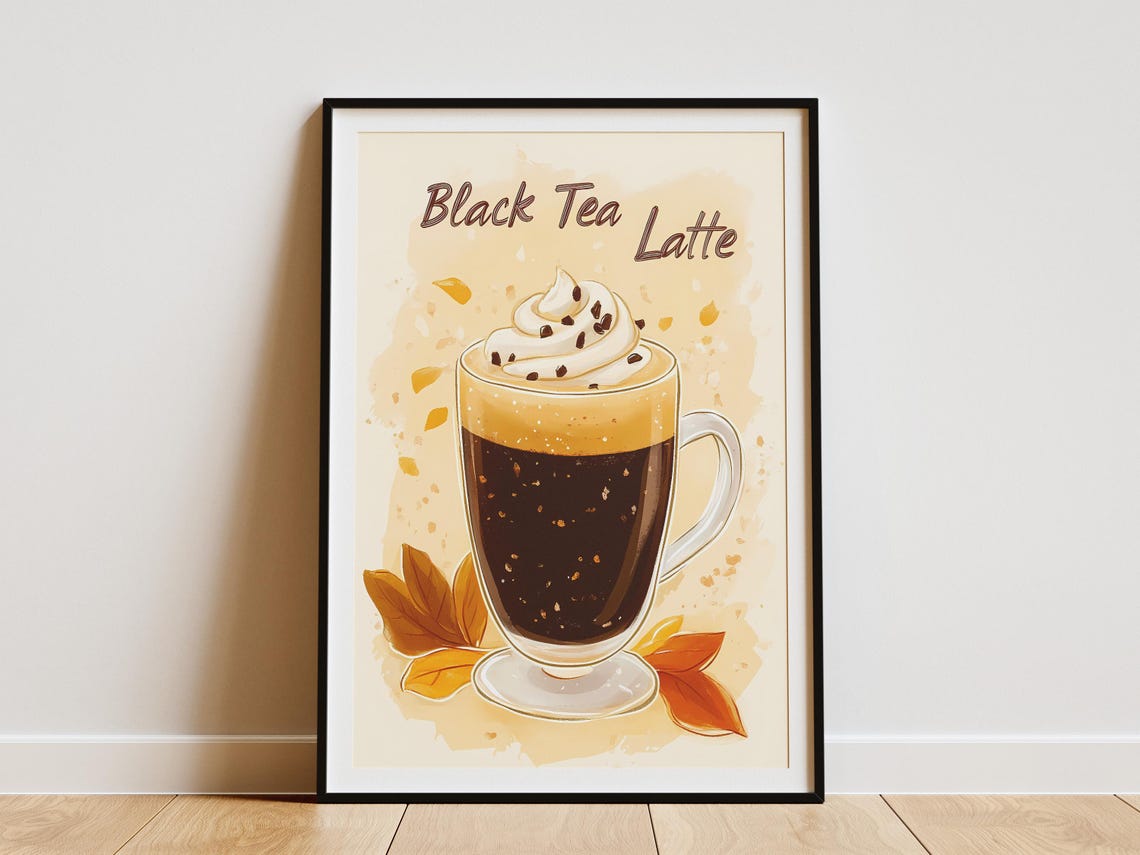 Black Tea Latte In Glass Mug With Whipped Cream Cafe Art Poster