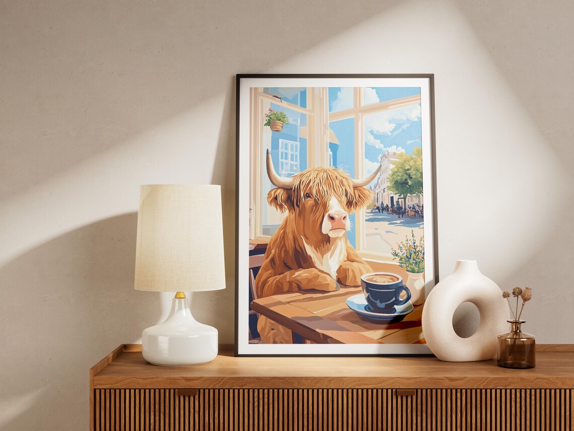 Highland Cow Cafe Whimsical Coffee Shop Animal Portrait Art Poster - Image 4