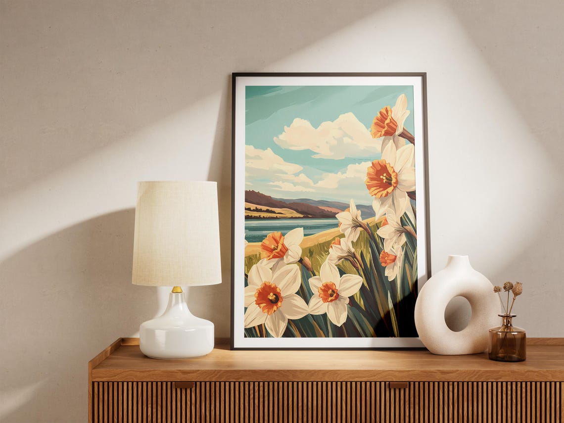 Fresh White Daffodils By The Lake Spring Day Landscape Poster - Image 5