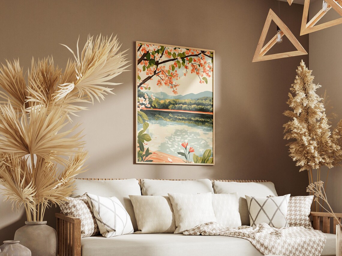 Peaceful River Bend Spring Landscape Posternature Art Printflowering Tree Postercalm Water Scenebotanical Illustrationlake Posterriver Art - Image 3