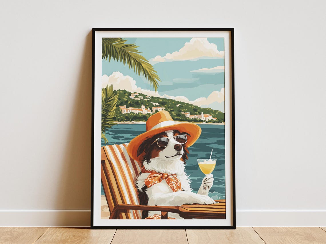 Stylish Tricolor Dog In Sunglasses And Sun Hat At Beach Poster