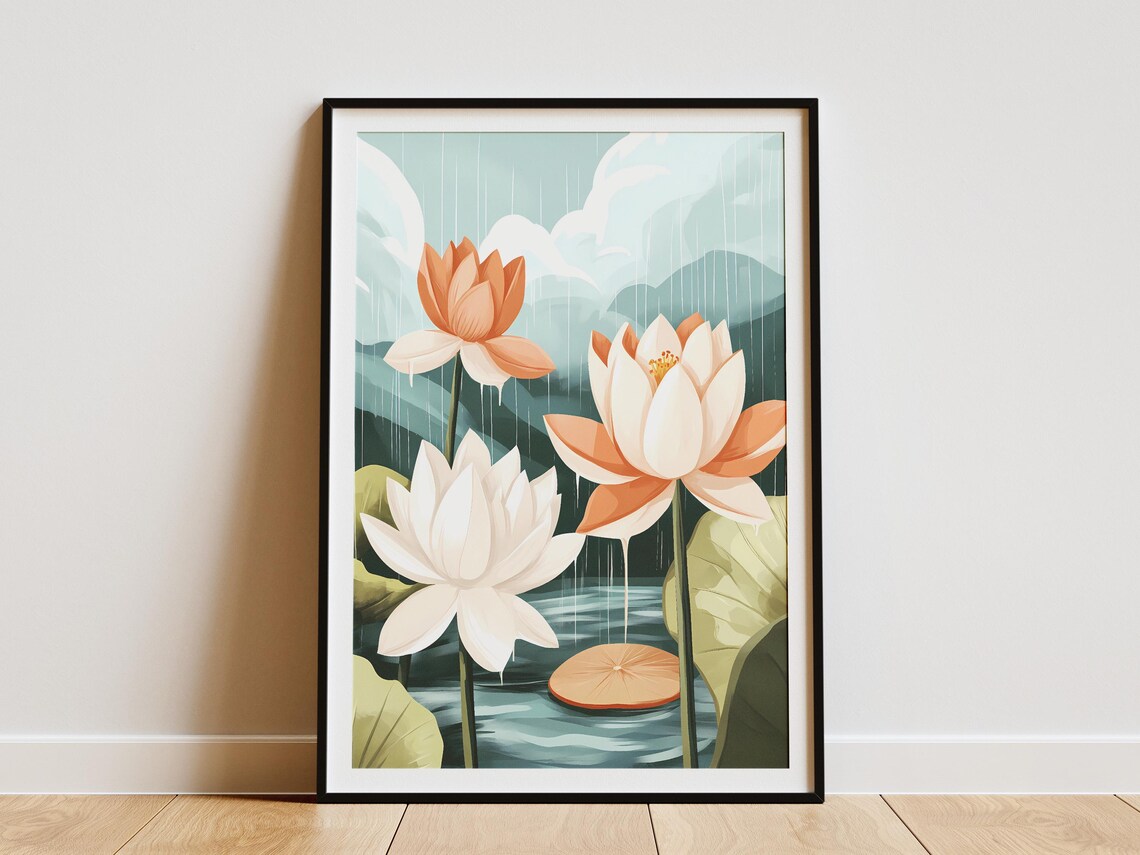 Lotus Flowers Rainy Pond Botanical Illustration Serene Nature Poster