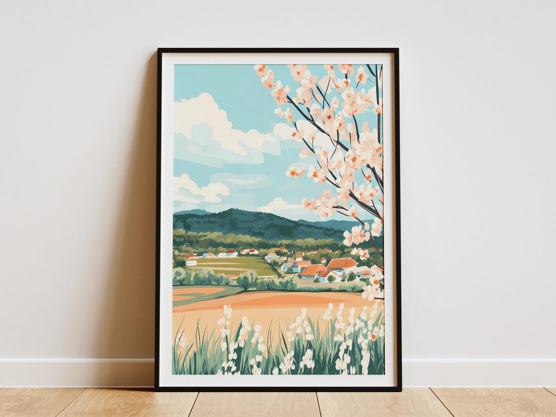 Spring Blossom Tree Over a Village and Fields Landscape Poster