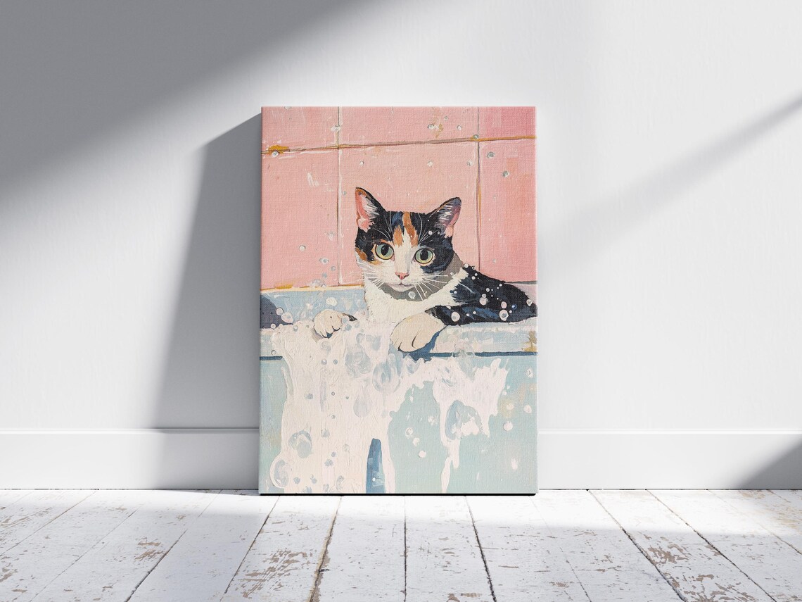 Calico Cat in a Bathtub with Bubbles Pink Tiles Pet Art Poster - Image 2