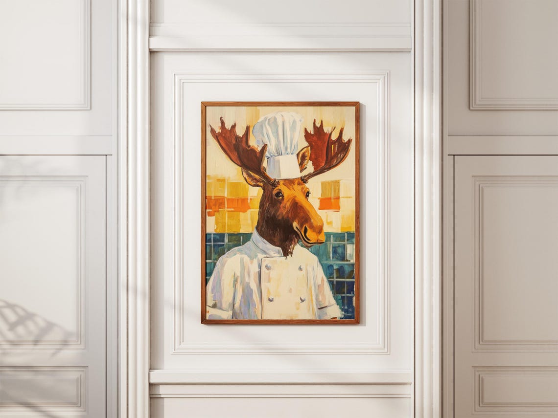 Moose Chef Art Print Funny Kitchen Poster Animal Portrait Whimsical Decor Unique - Image 2