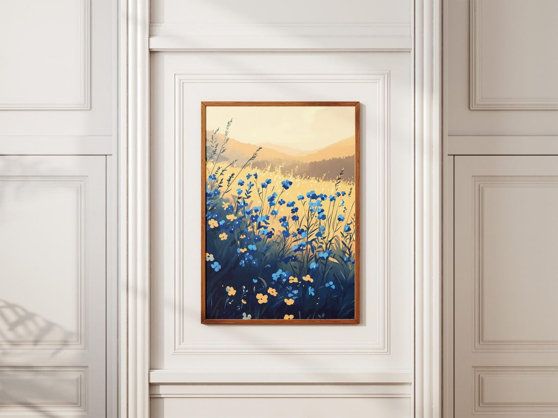 Blue Forget Me Not Golden Meadow Sunlit Flower Field Scenic Poster - Image 2