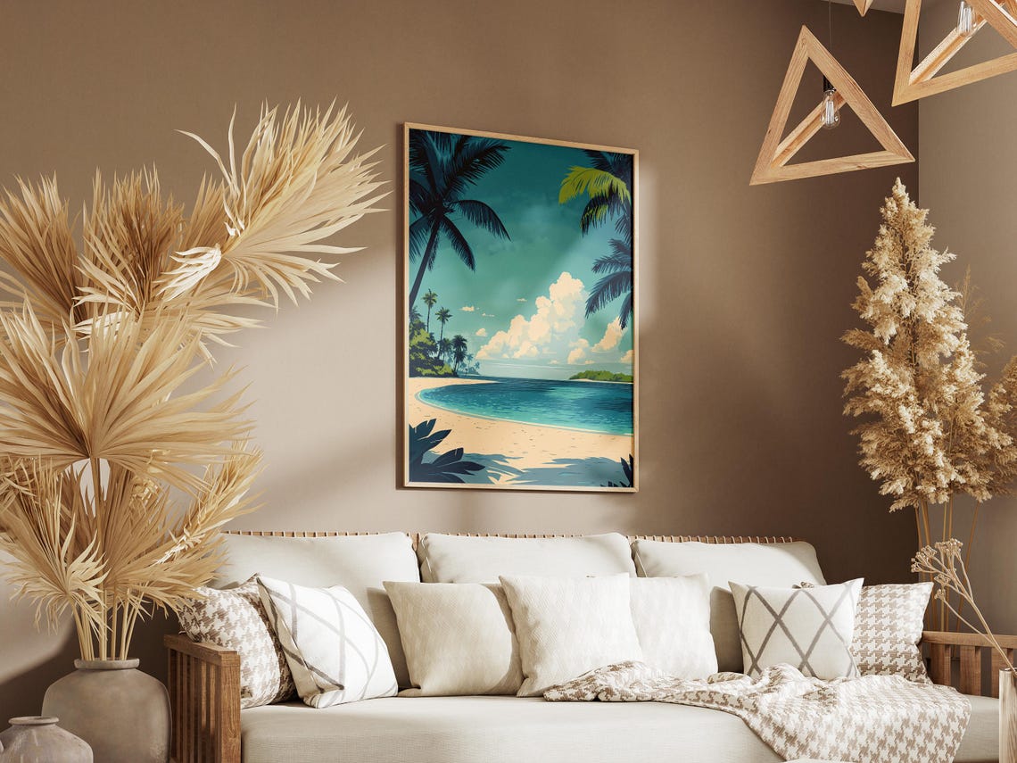 Turquoise Tropical Beach Palm Trees White Clouds Summer Poster - Image 3