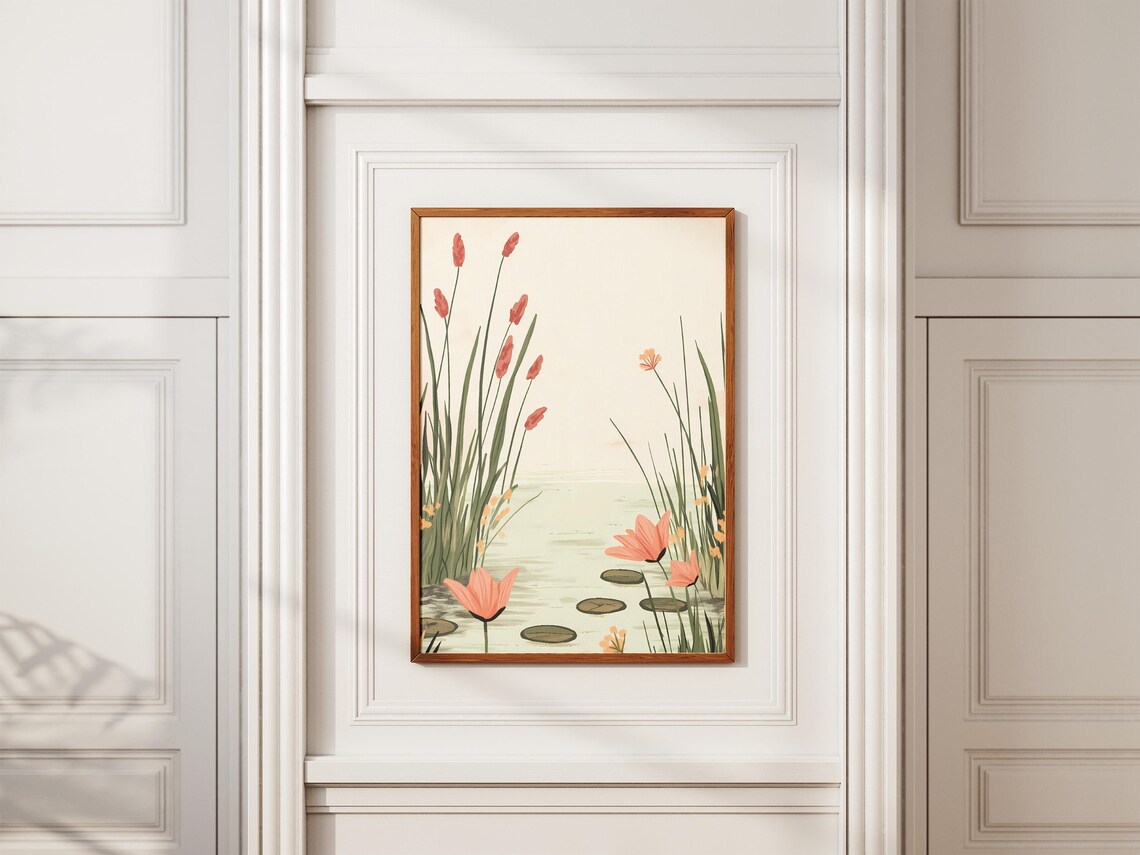 Pink Water Lilies and Cattails Serene Pond Botanical Art Poster - Image 2
