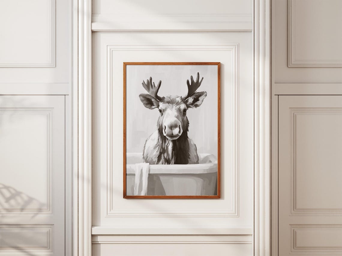 Moose In Bathtub Poster Antlered Moose Funny Bathroom Wall Decor - Image 2