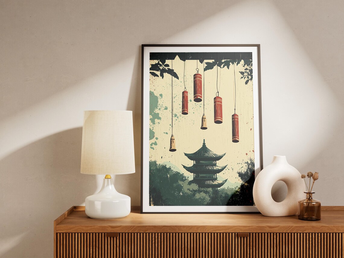 Red Wind Chimes Hanging Above Temple Pagoda Garden Art Poster - Image 5