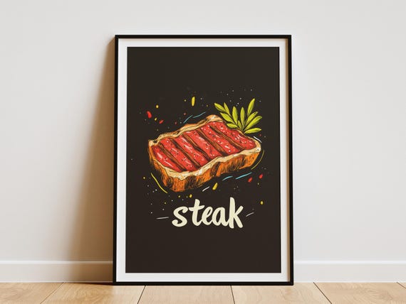 Grilled Steak Poster Flat Illustration Bold Title Food Art Print Kitchen Decor Steakhouse Decor Butcher Shop Print Restaurant Wall Art Meat