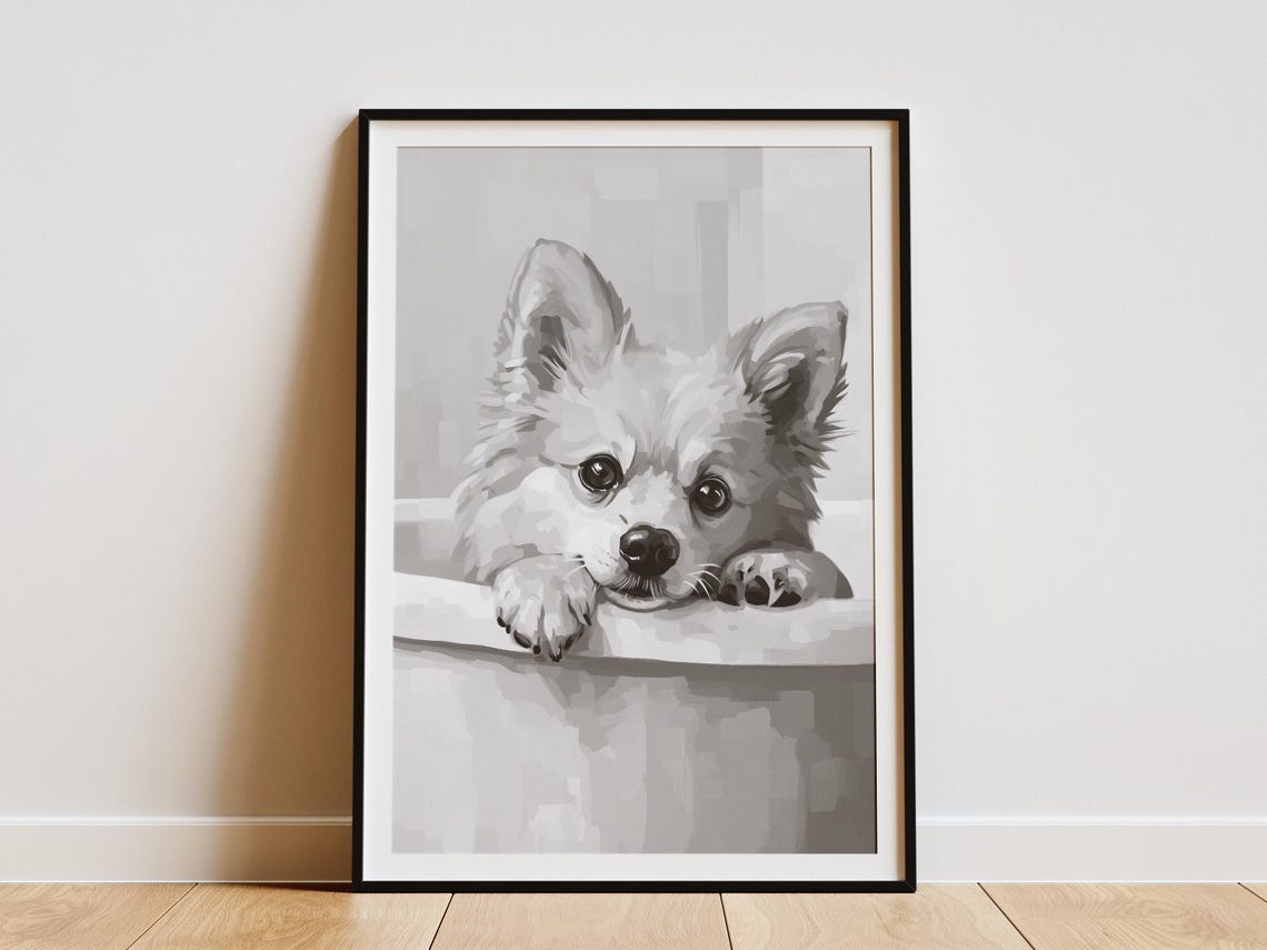Adorable Fluffy Pomeranian Puppy Bubble Bath Minimalist Dog Poster