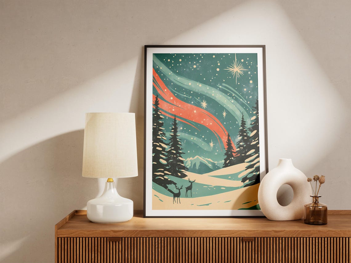 Aurora Borealis Christmas Night Snowy Deer Forest Scene Poster - Image 5