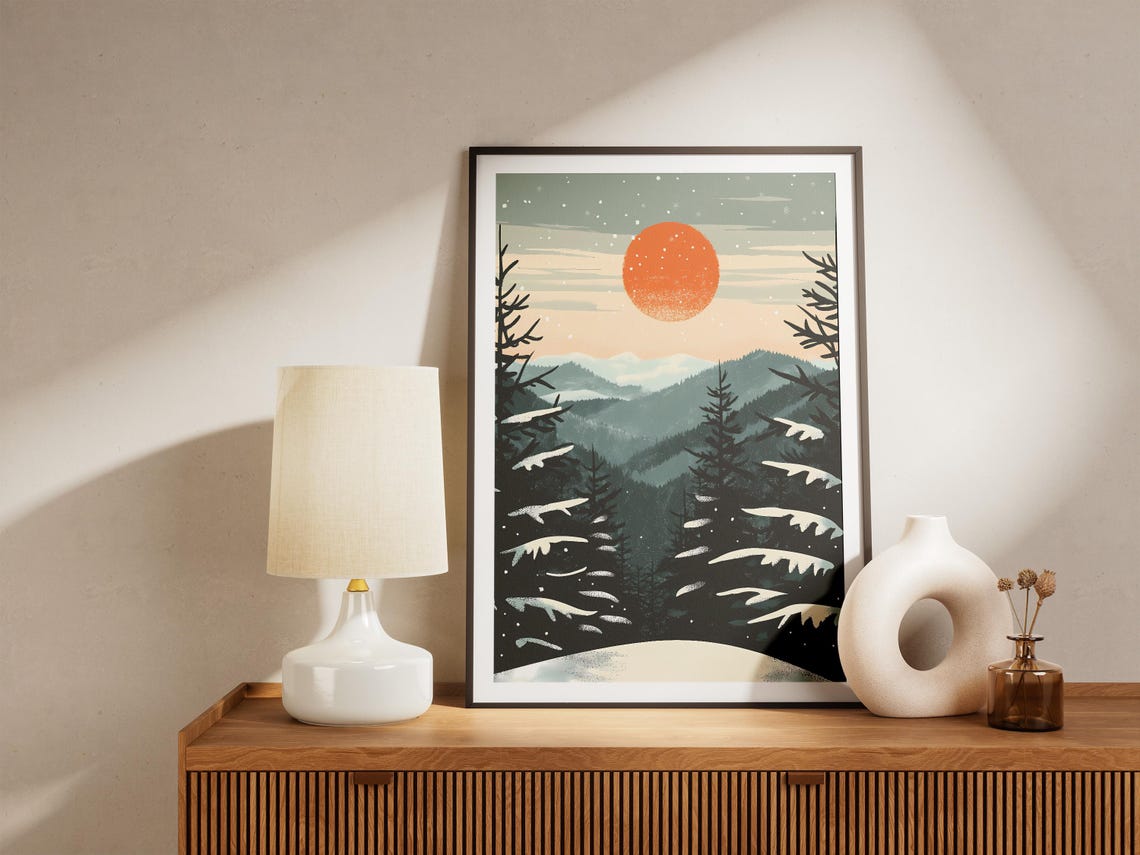 Smoky Mountains Winter Pines Under a Glowing Orange Moon Poster - Image 5