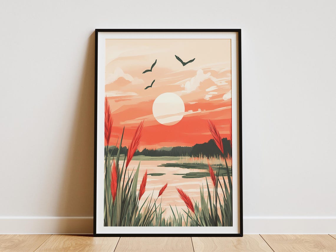Coral Sunset Over Calm Lake With Reeds And Birds Landscape Poster