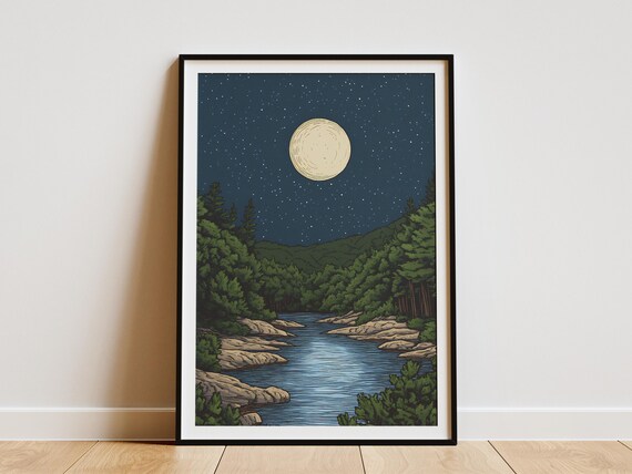 Hot Springs National Park Moonlit River Gorge With Pine Forest Night Poster