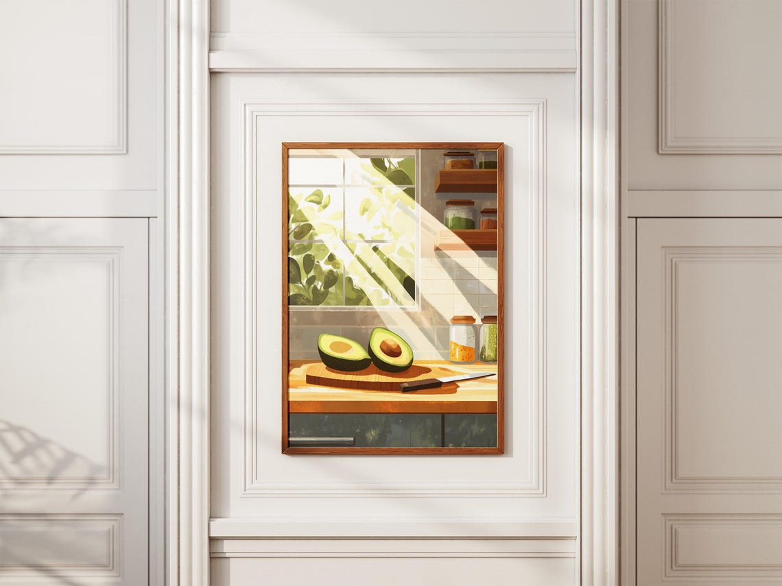 Avocado Halves On Wooden Board In A Sunlit Kitchen Art Poster - Image 2