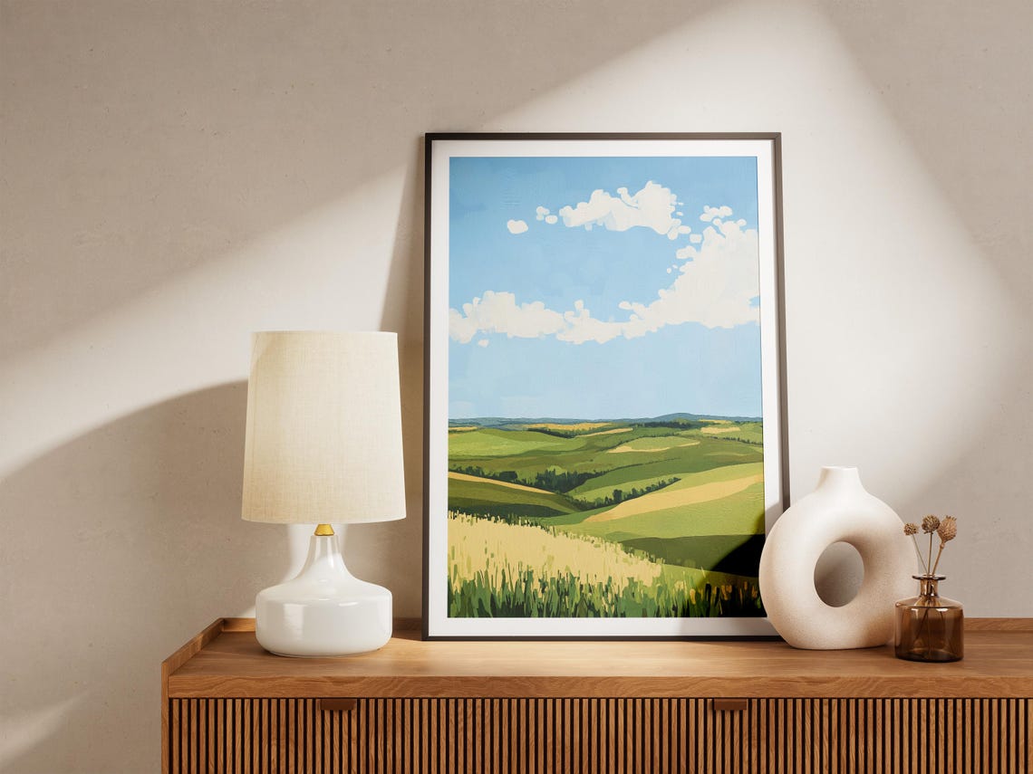 Nebraska Rolling Green Prairie Hills Blue Sky Minimalist Art Poster - Image 4