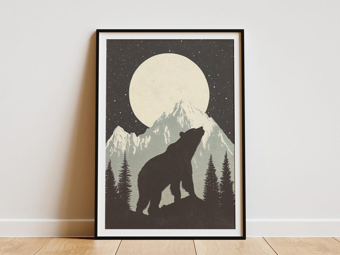 Bear Silhouette Moonlit Mountain Night Sky Vintage Art Poster